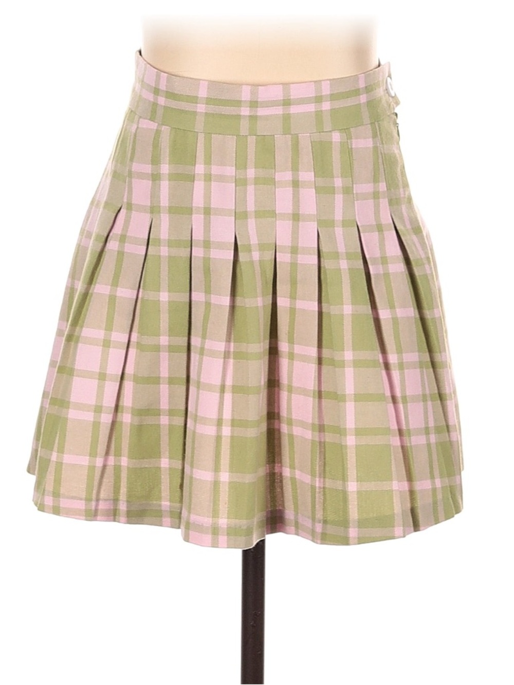 Pleated Mini Skirt in Pink and Olive Plaid
